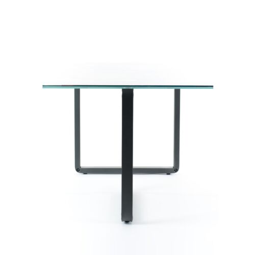 Tavolo di design con struttura in acciaio e piano in vetro serigrafato da negozio cm. 175x85x95h