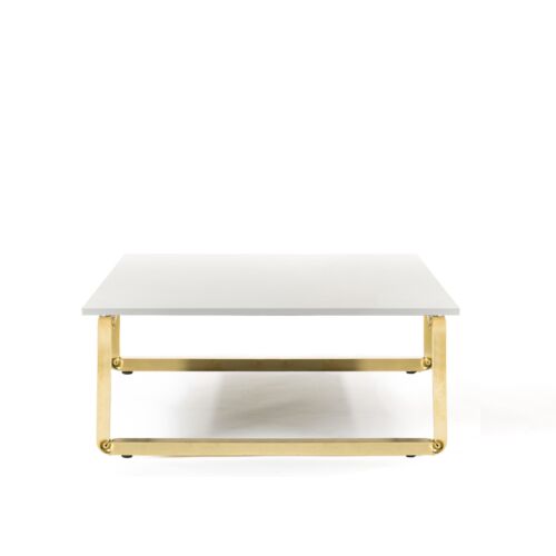 design table with brass structure and wooden top
