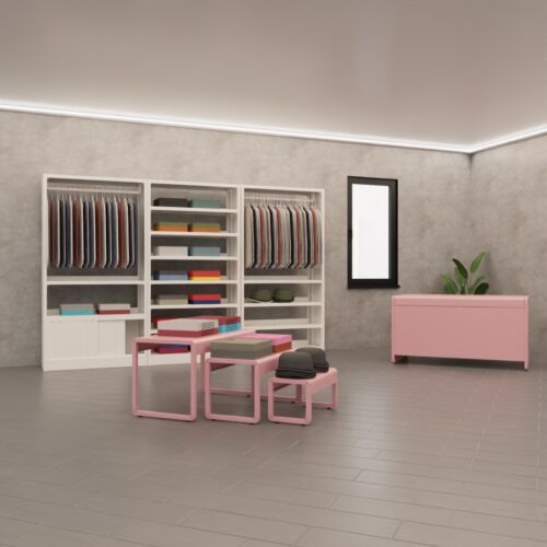 Modulo libreria in metallo verniciato rosa RAL 3015 con fianchi chiusi