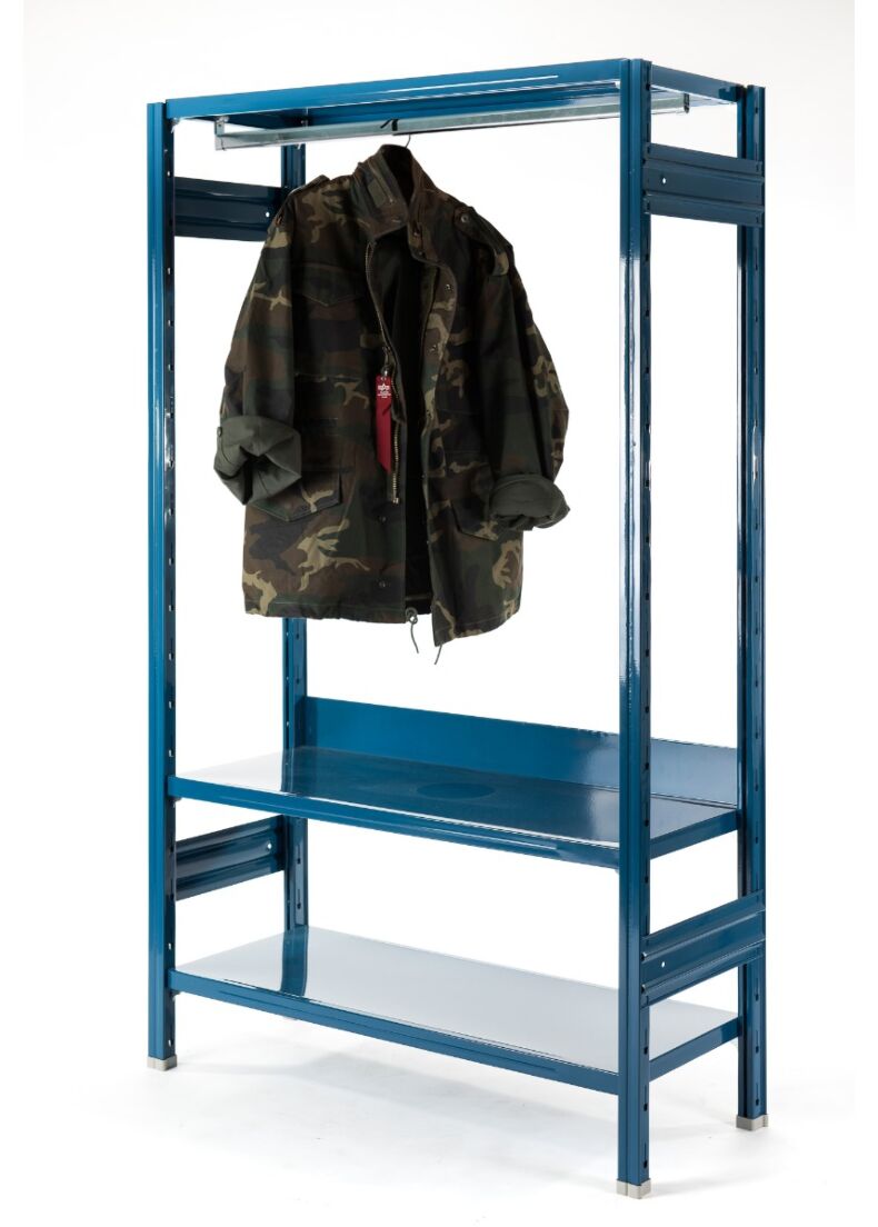 shelving in blue color with clothes hanger 