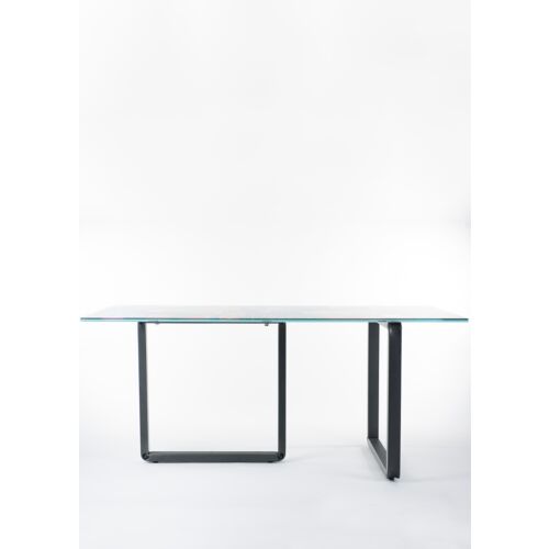 Tavolo di design con struttura in acciaio e piano in vetro serigrafato da negozio cm. 175x85x95h