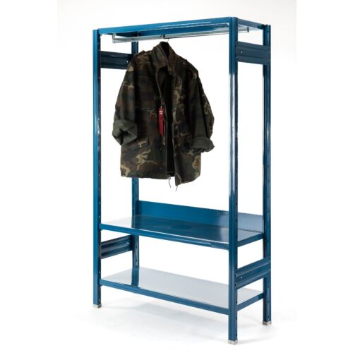 shelving in blue color with clothes hanger 