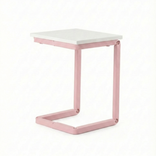 Sgabello FLEX in acciaio verniciato rosa e piano in legno 