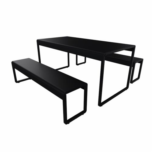 Composizione tavolo e panche in metallo verniciato grigio ghisa di cm. 150